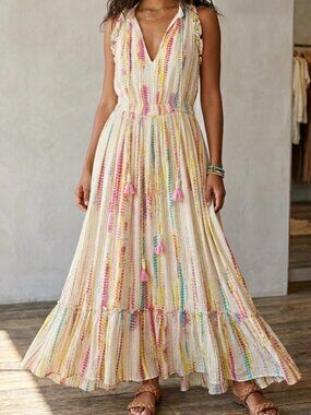 Boho Tiered Black Tape Tie Dye Rayon Tassel Maxi Dress Size S Small